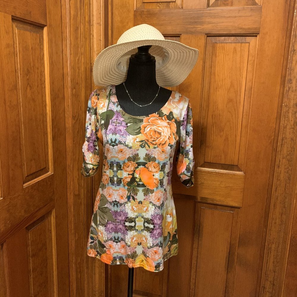 Dressbarn Tunic, Small, orange purple floral multi